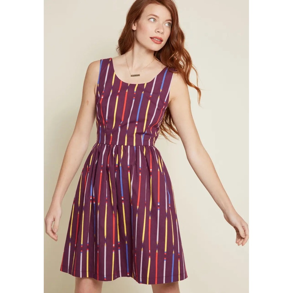 Modcloth Optimistic Effect Fit & Flare Mini Dress with Pencil Print Size Medium